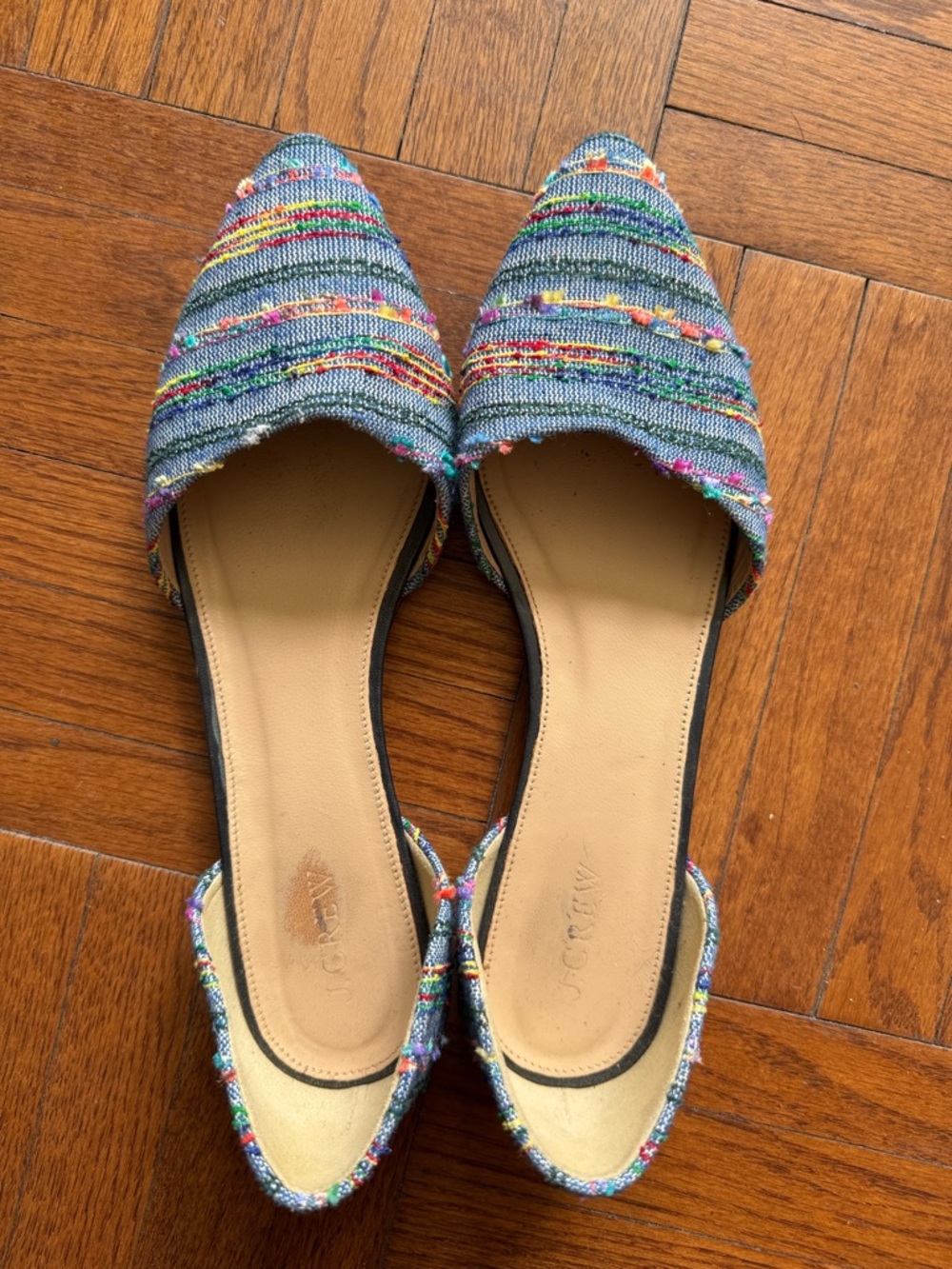 J. Crew Blue Tweed Pointed D'Orsay Flats with Multicolor Accents